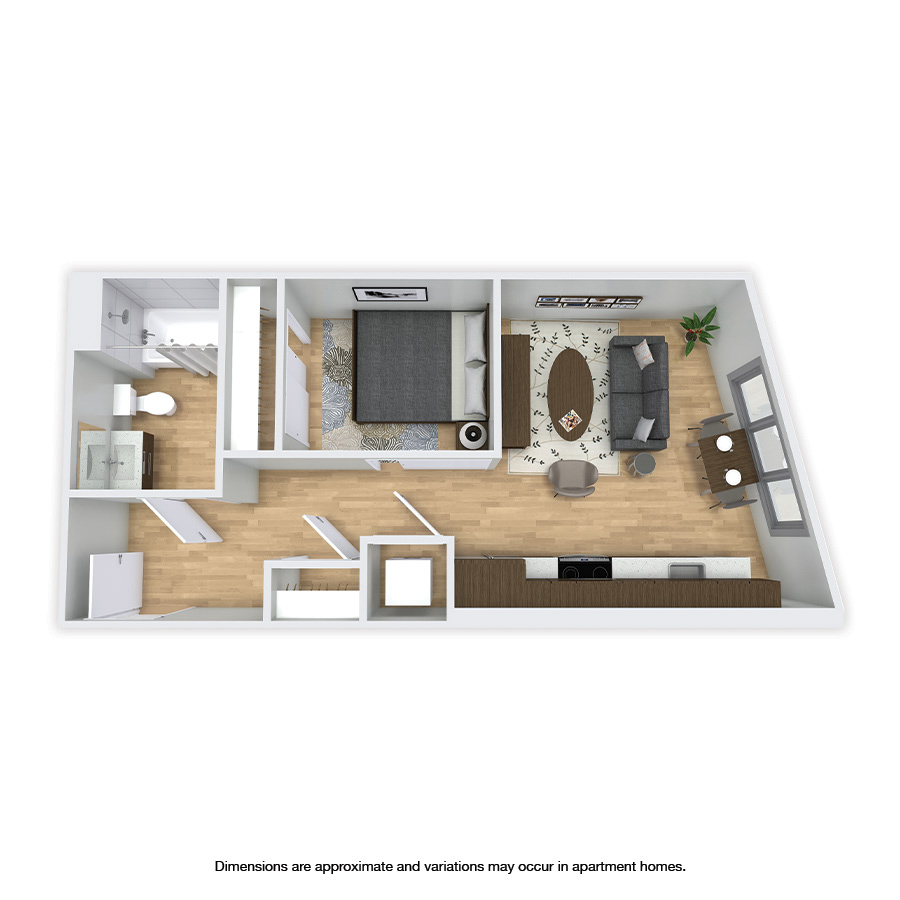 Rendering of the Dayton floor plan with 1 bedroom[s] and 1 bathroom[s] at Griffis Shoreline