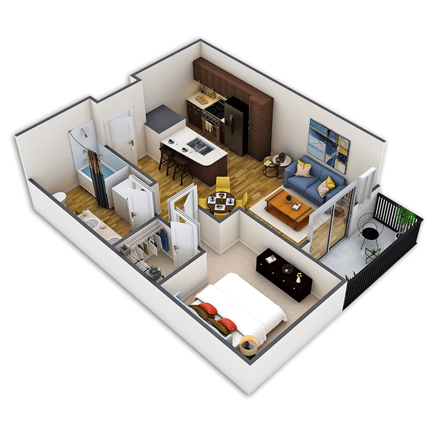 Rendering of the Wazee floor plan with 1 bedroom[s] and 1 bathroom[s] at Griffis Union Station