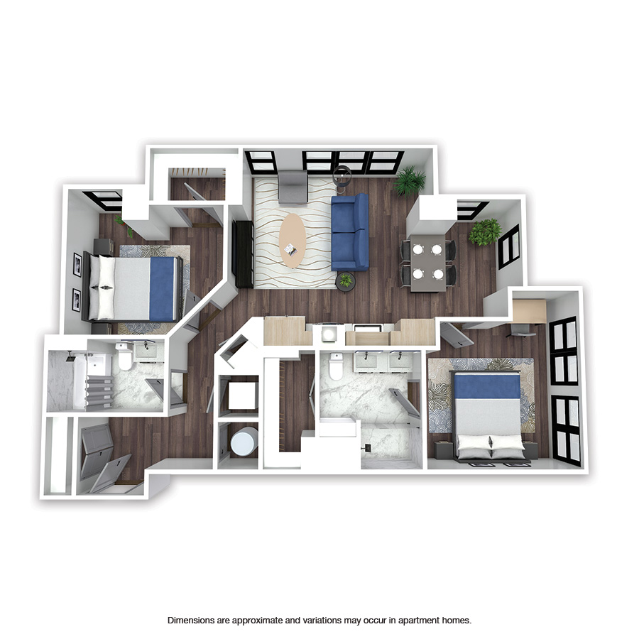Rendering of the Goldsboro floor plan with 2 bedroom[s] and 2 bathroom[s] at Griffis Edgemoor