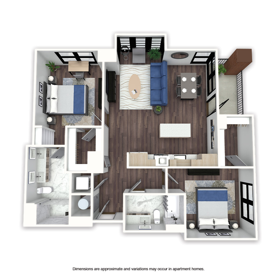 Rendering of the Lucas floor plan with 2 bedroom[s] and 2 bathroom[s] at Griffis Edgemoor