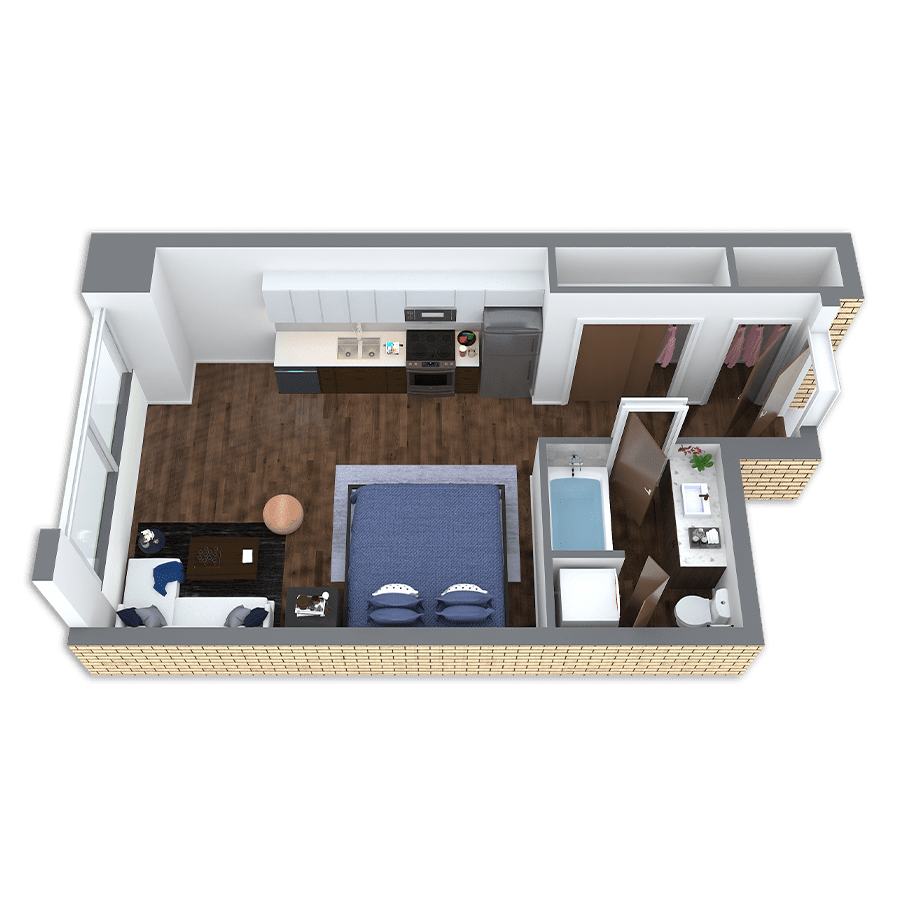 Rendering of the Sandy Platinum floor plan with a Studio bedroom and 1 bathroom[s] at Griffis South Waterfront