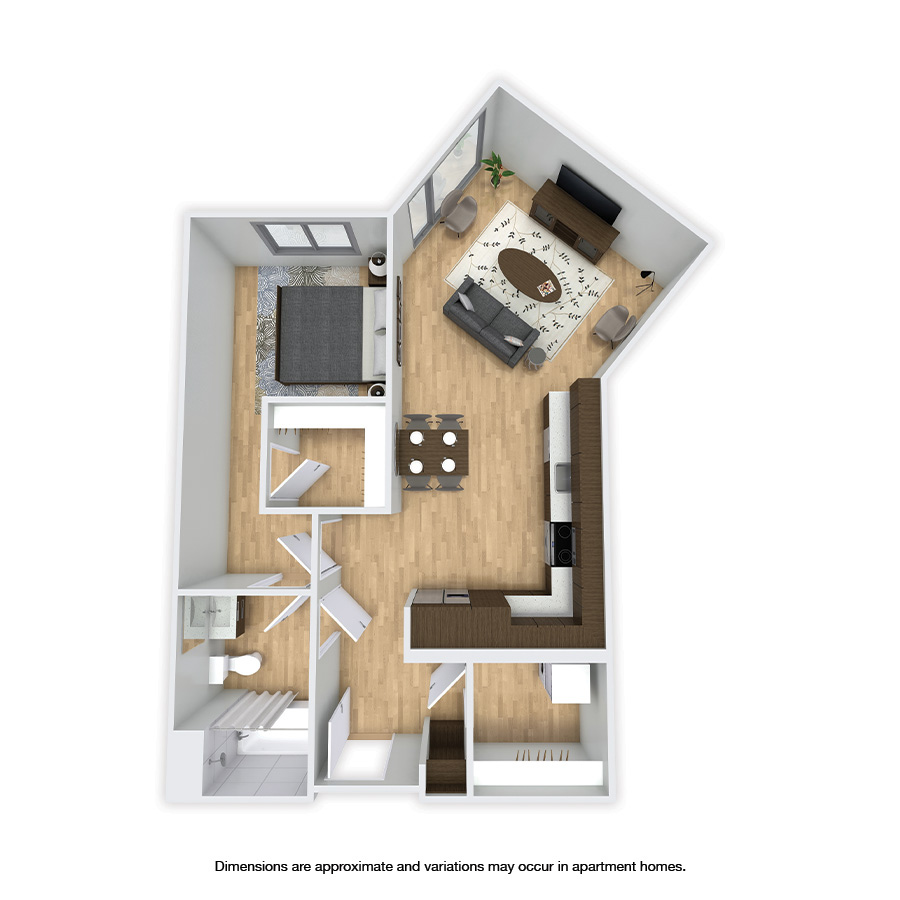 Rendering of the Meridian floor plan with 1 bedroom[s] and 1 bathroom[s] at Griffis Shoreline