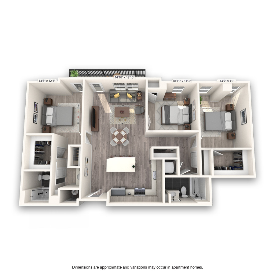 Rendering of the Cuernavaca Platinum floor plan with 3 bedroom[s] and 2 bathroom[s] at Griffis Cheesman Park