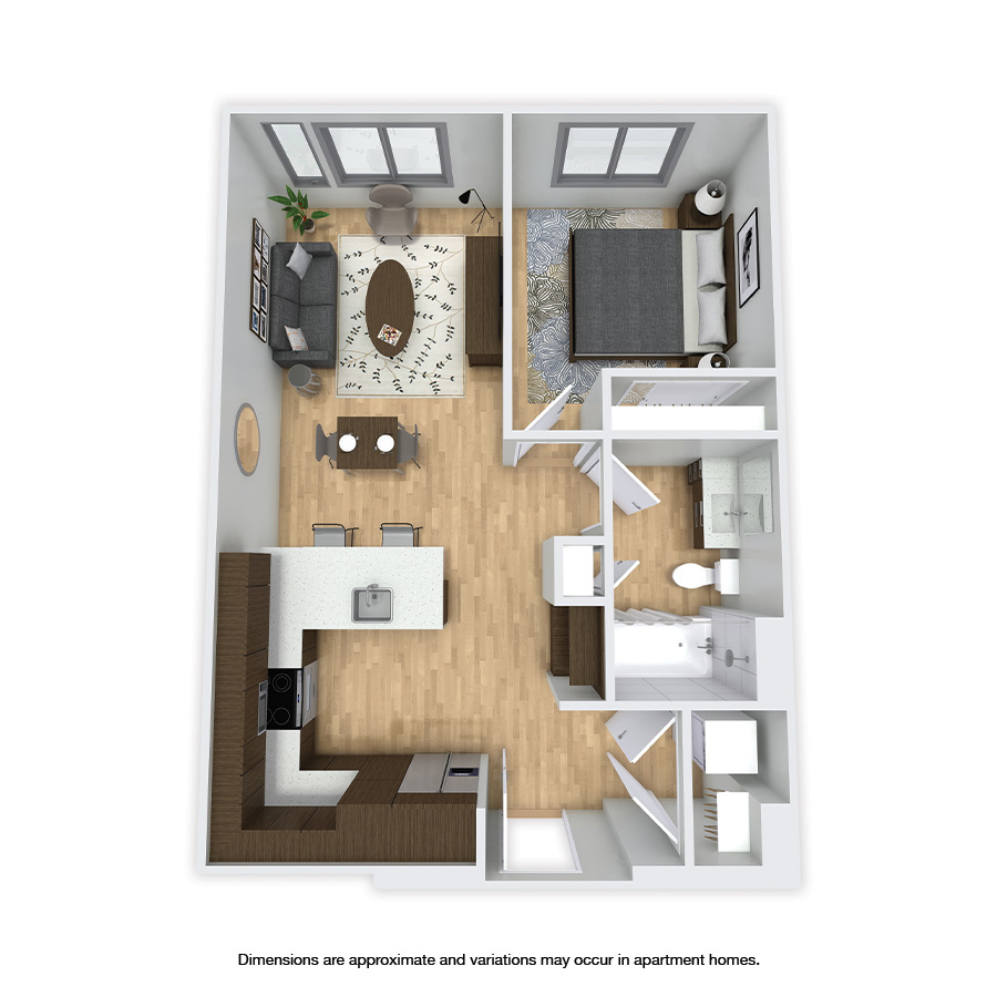 Rendering of the Lakeside Affordable floor plan with 1 bedroom[s] and 1 bathroom[s] at Griffis Shoreline