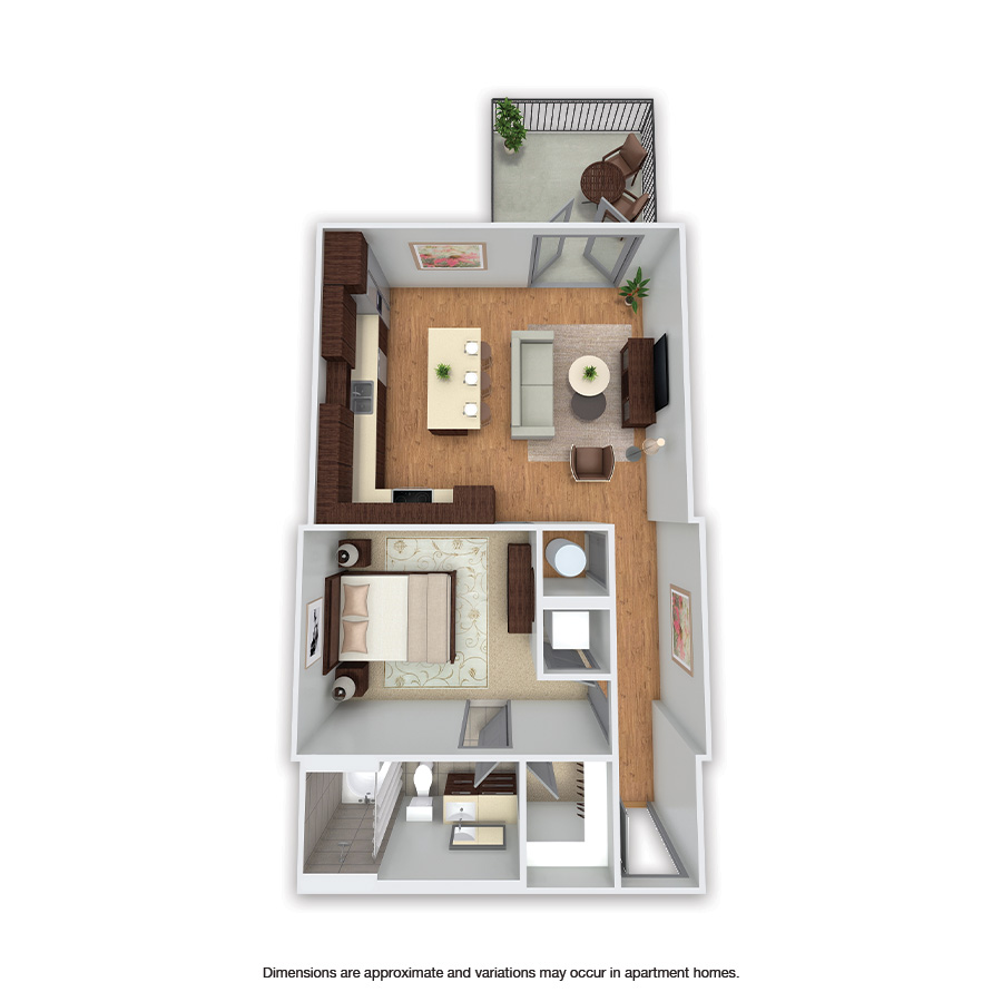 Rendering of the Dove floor plan with 1 bedroom[s] and 1 bathroom[s] at Griffis Uptown