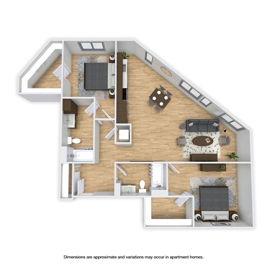 Rendering of the Westminster floor plan with 2 bedroom[s] and 2 bathroom[s] at Griffis Shoreline