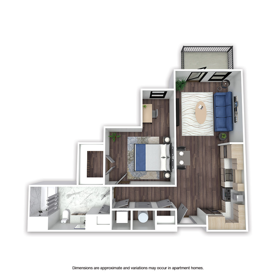 Rendering of the Del Ray floor plan with 1 bedroom[s] and 1 bathroom[s] at Griffis Edgemoor