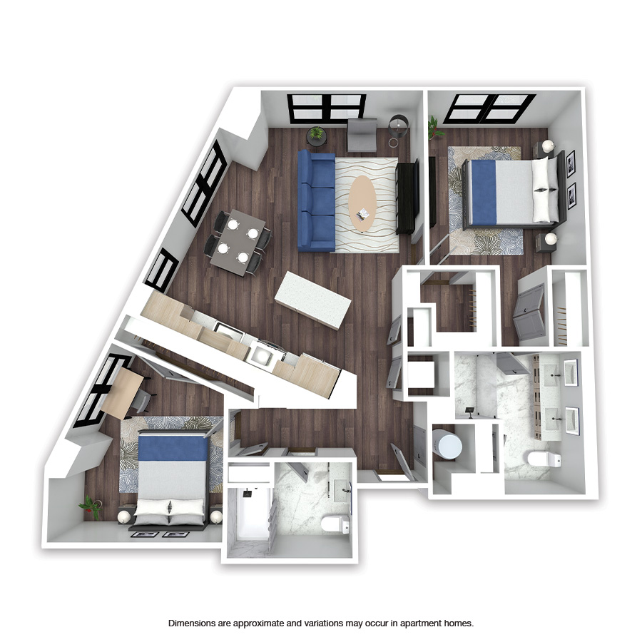 Rendering of the Harling floor plan with 2 bedroom[s] and 2 bathroom[s] at Griffis Edgemoor
