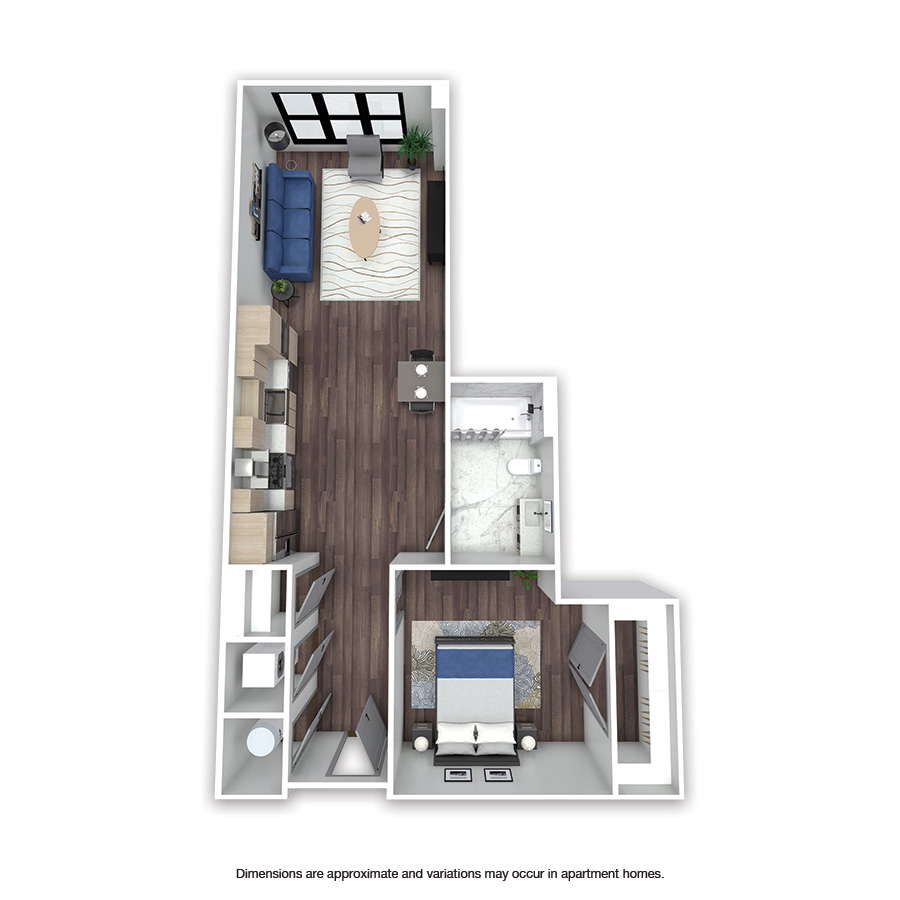 Rendering of the Bradley floor plan with 1 bedroom[s] and 1 bathroom[s] at Griffis Edgemoor