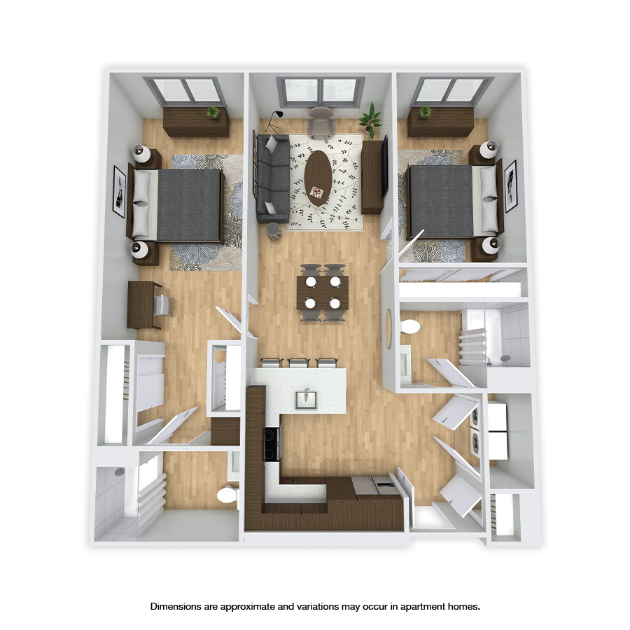 Rendering of the Wallingford floor plan with 2 bedroom[s] and 2 bathroom[s] at Griffis Shoreline
