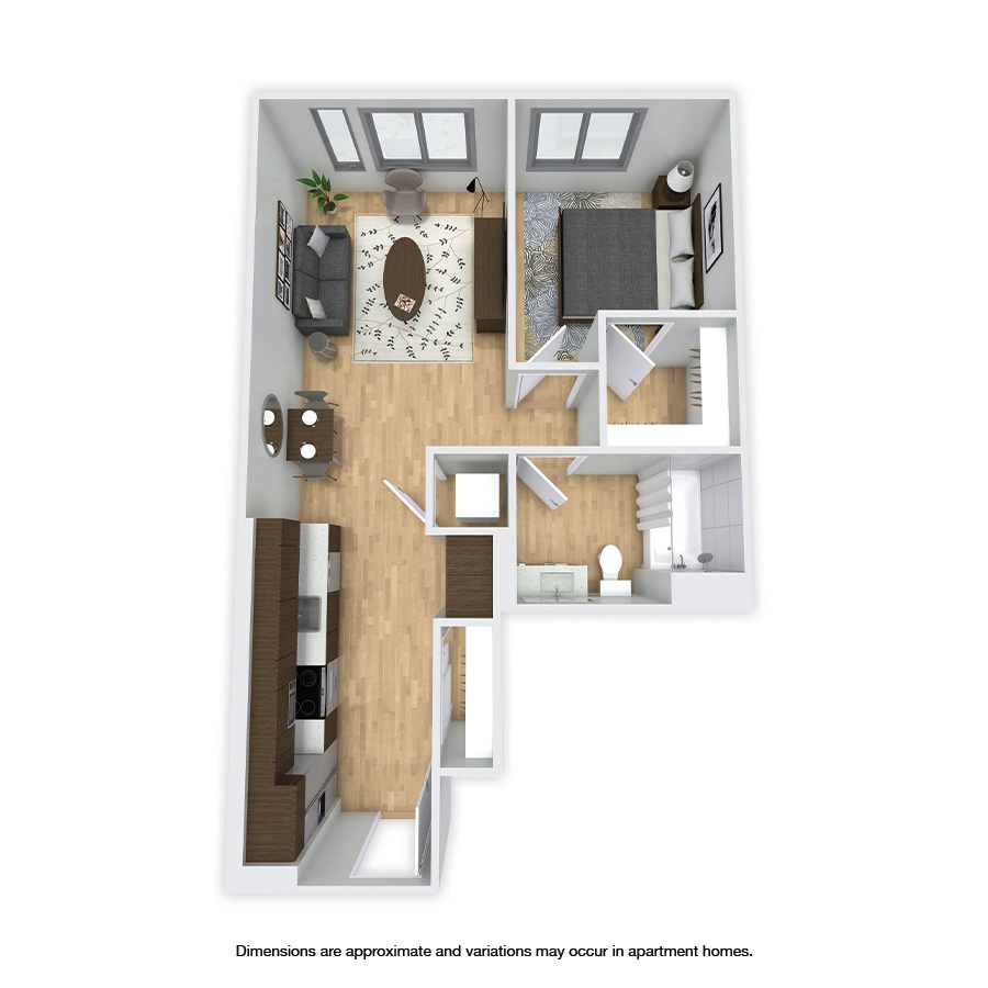 Rendering of the Greenwood floor plan with 1 bedroom[s] and 1 bathroom[s] at Griffis Shoreline