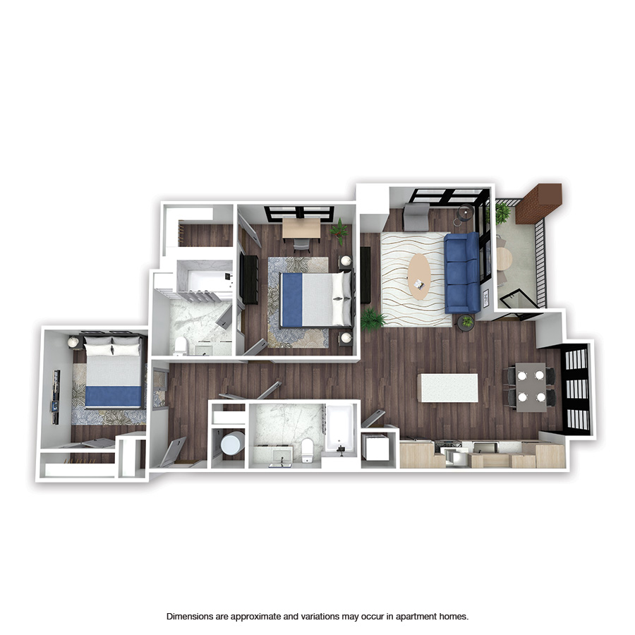 Rendering of the Glenbrook floor plan with 2 bedroom[s] and 2 bathroom[s] at Griffis Edgemoor