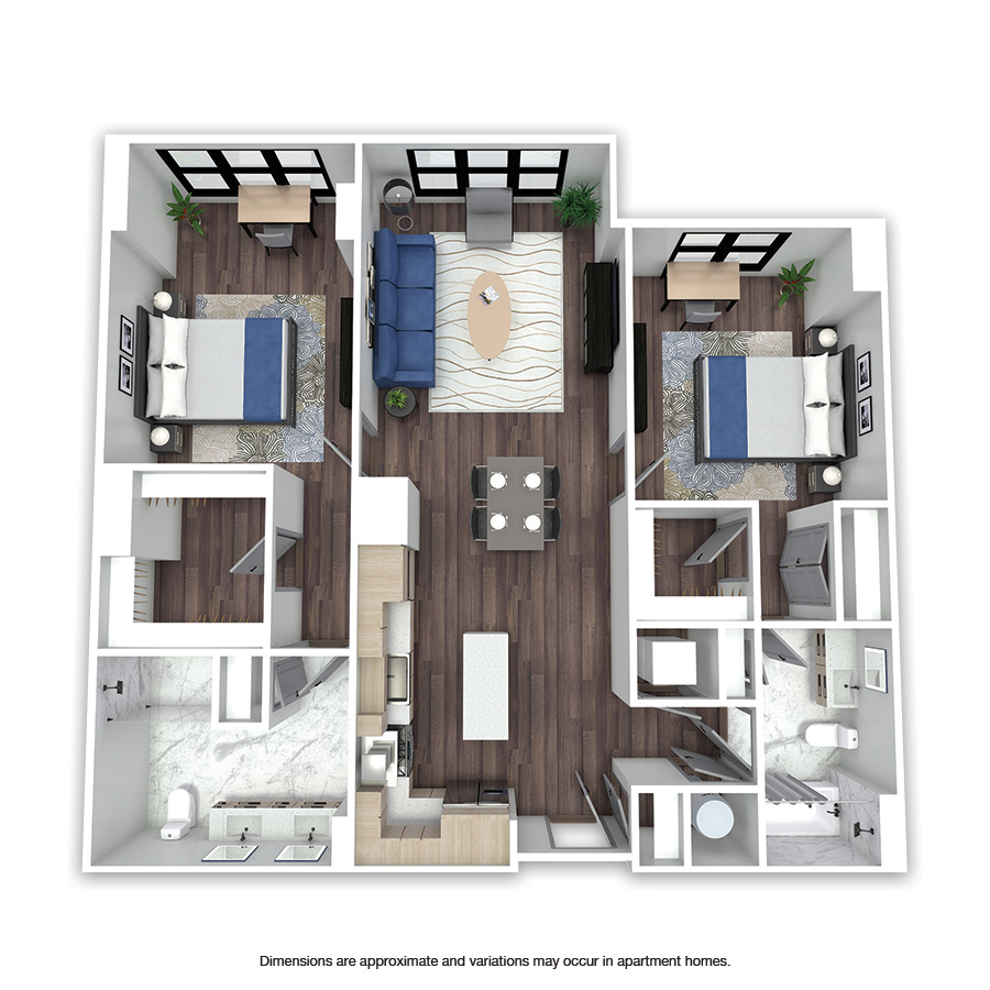 Rendering of the Middleton floor plan with 2 bedroom[s] and 2 bathroom[s] at Griffis Edgemoor