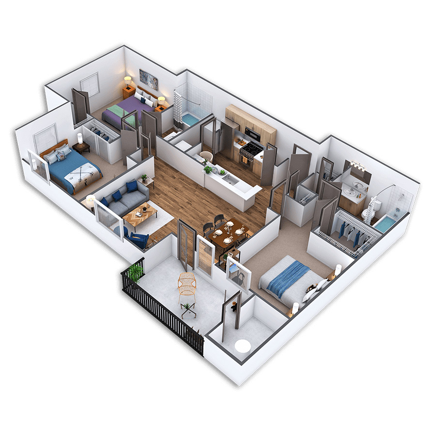 Rendering of the Alcantara floor plan with 3 bedroom[s] and 2 bathroom[s] at Griffis North Creek
