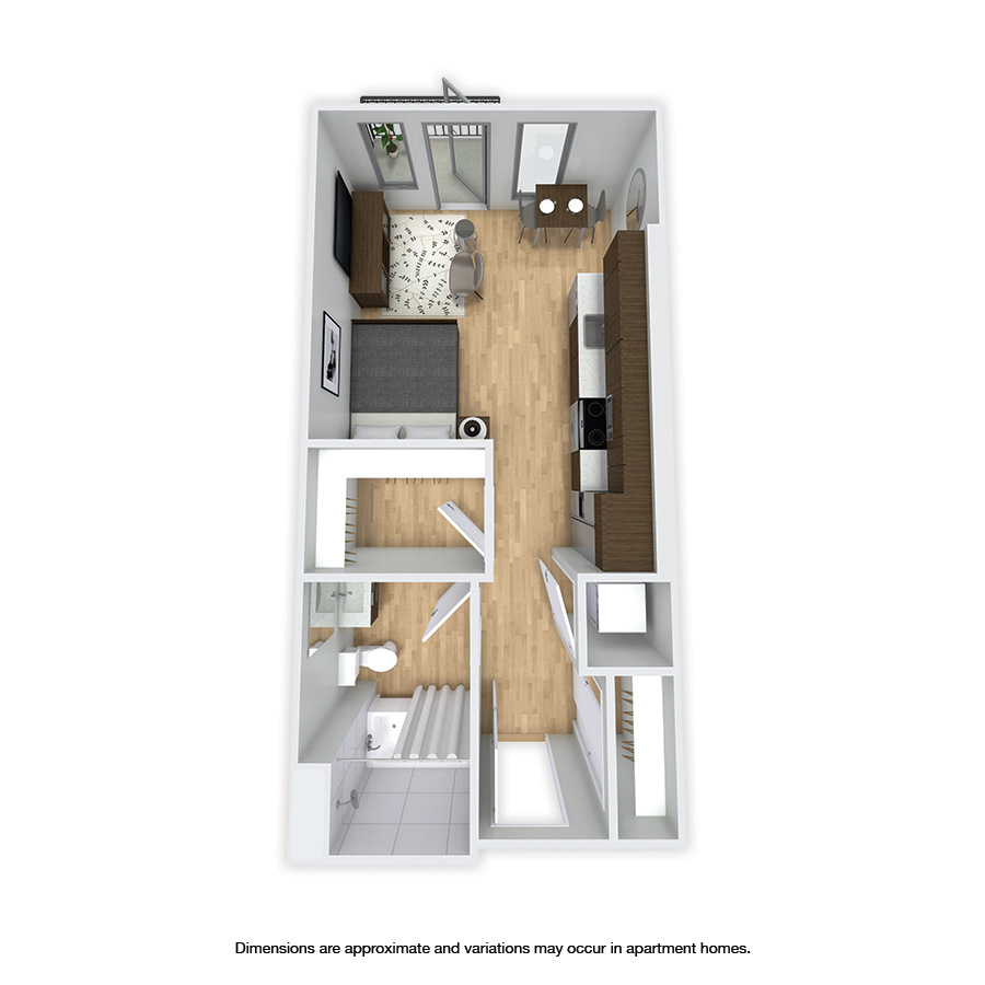 Rendering of the Ashworth Affordable floor plan with a Studio bedroom and 1 bathroom[s] at Griffis Shoreline