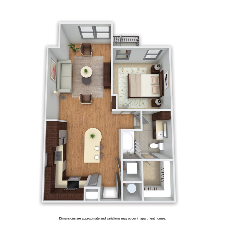 Rendering of the Glenville floor plan with 1 bedroom[s] and 1 bathroom[s] at Griffis Uptown