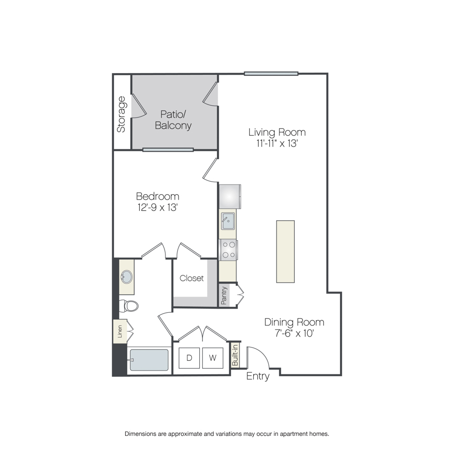Rendering of the Eucalyptus floor plan with 1 bedroom[s] and 1 bathroom[s] at Griffis Platinum Triangle