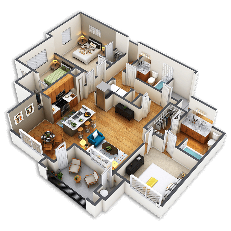 Rendering of the Lawrence2 floor plan with 3 bedroom[s] and 2 bathroom[s] at Griffis Fitzsimons South
