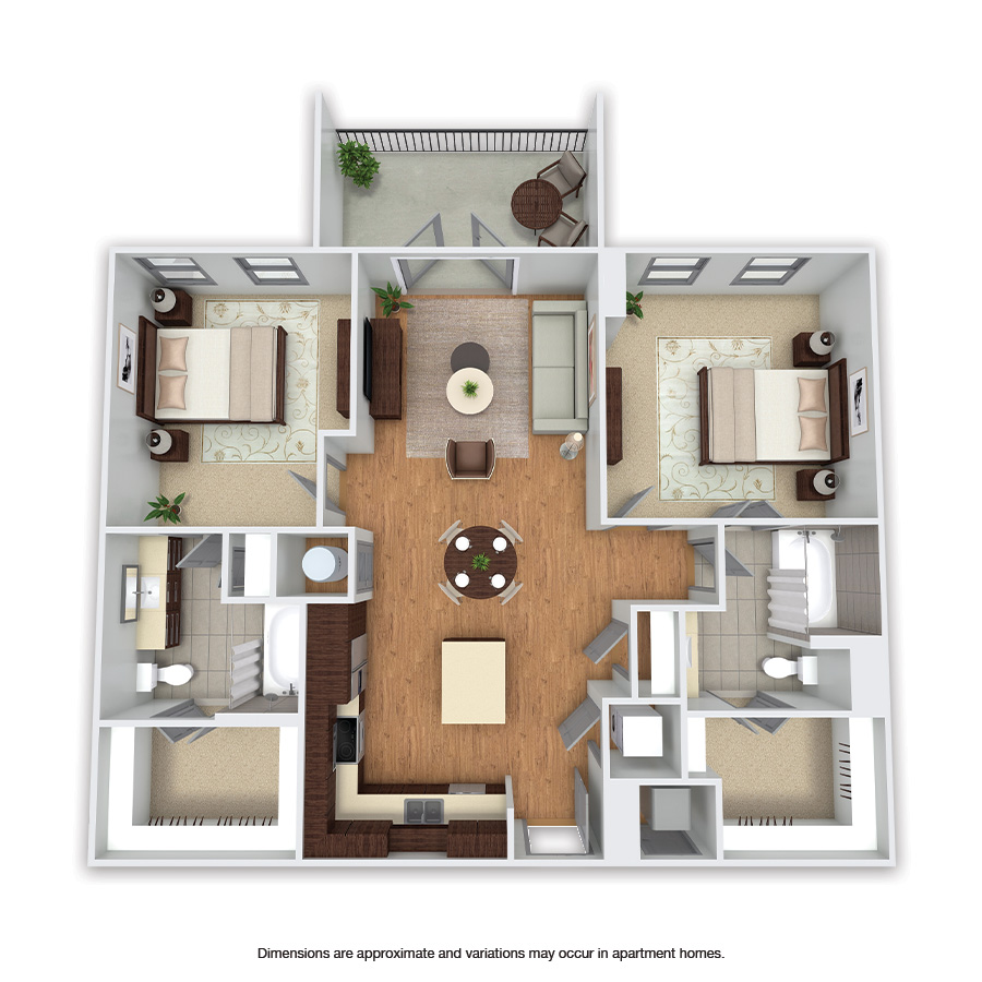 Rendering of the Hutton floor plan with 2 bedroom[s] and 2 bathroom[s] at Griffis Uptown
