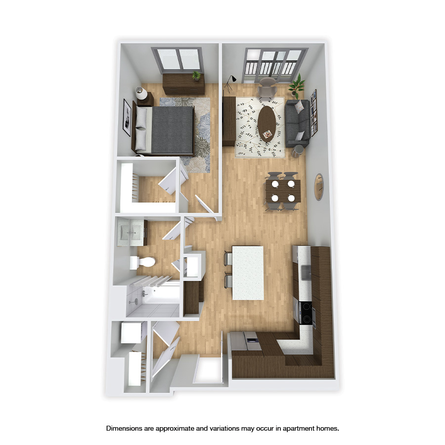 Rendering of the Midvale Affordable floor plan with 1 bedroom[s] and 1 bathroom[s] at Griffis Shoreline