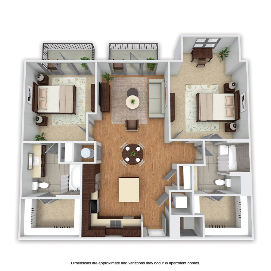 Rendering of the North Shore floor plan with 2 bedroom[s] and 2 bathroom[s] at Griffis Uptown