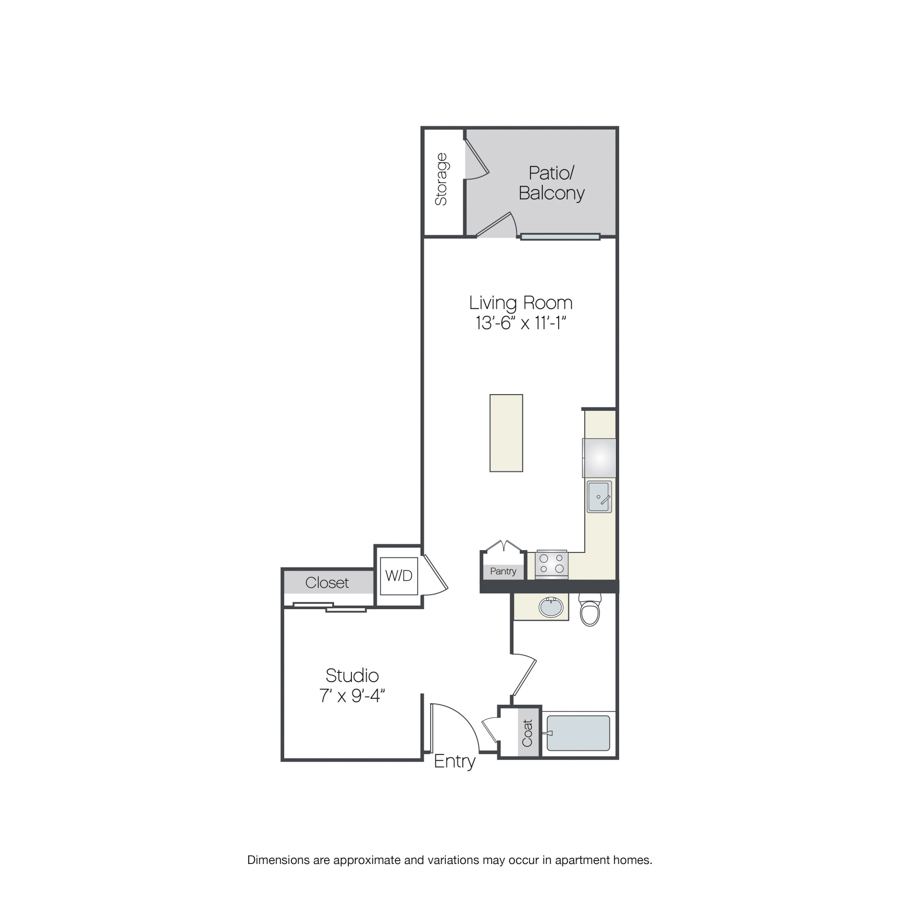 Rendering of the Aloe floor plan with a Studio bedroom and 1 bathroom[s] at Griffis Platinum Triangle