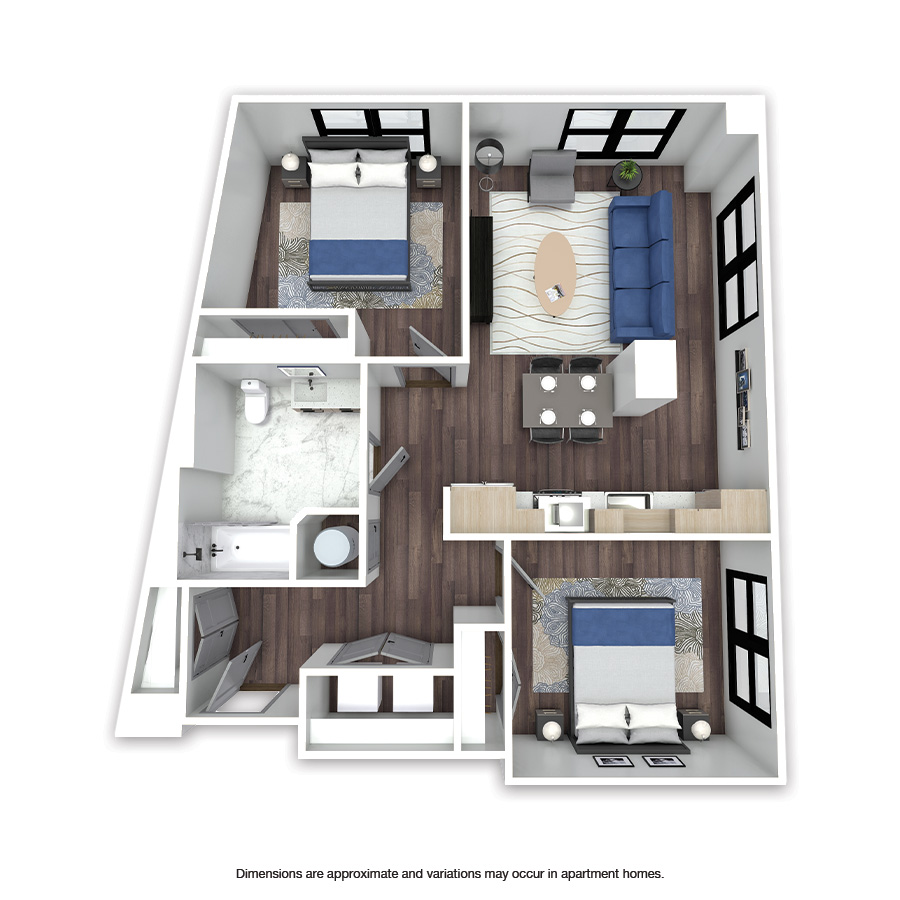 Rendering of the Standford Affordable floor plan with 2 bedroom[s] and 1 bathroom[s] at Griffis Edgemoor
