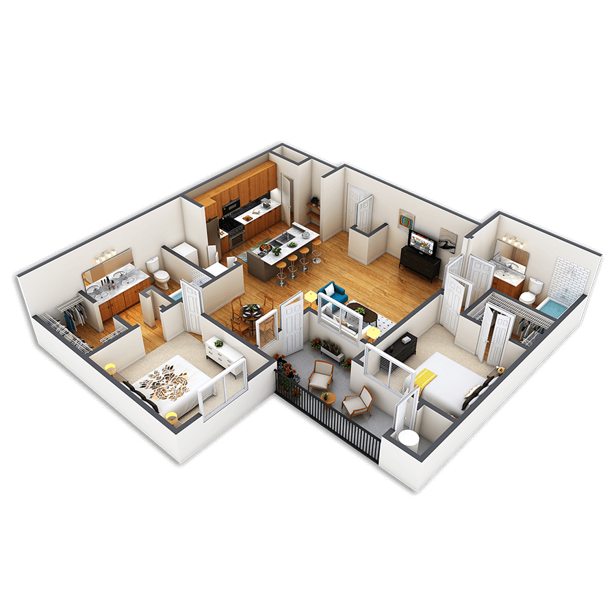 Rendering of the Arapahoe floor plan with 2 bedroom[s] and 2 bathroom[s] at Griffis Fitzsimons South