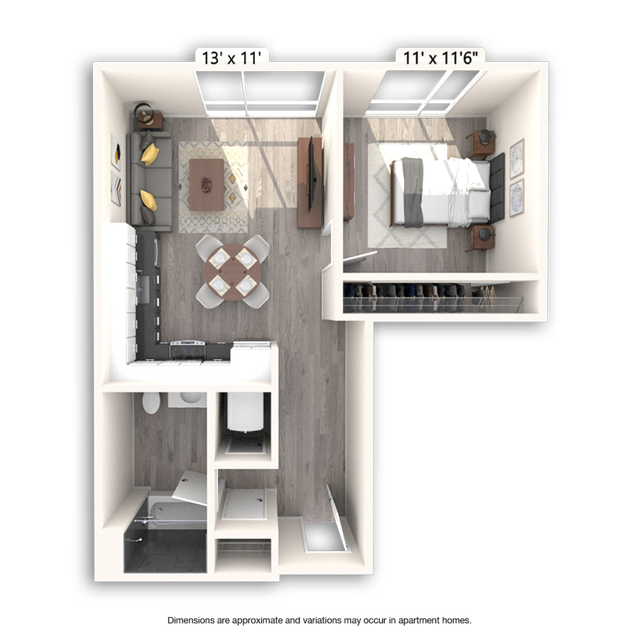 Rendering of the Missouri floor plan with 1 bedroom[s] and 1 bathroom[s] at Griffis East Village