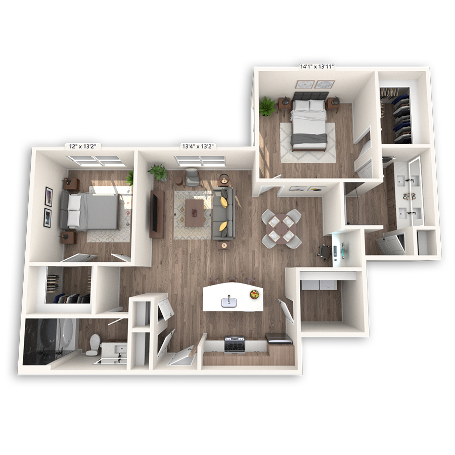 Rendering of the Cape Town floor plan with 2 bedroom[s] and 2 bathroom[s] at Griffis at The Domain