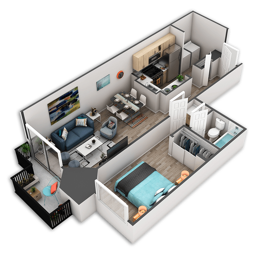Rendering of the Sorrento Platinum floor plan with 1 bedroom[s] and 1 bathroom[s] at Griffis Belltown