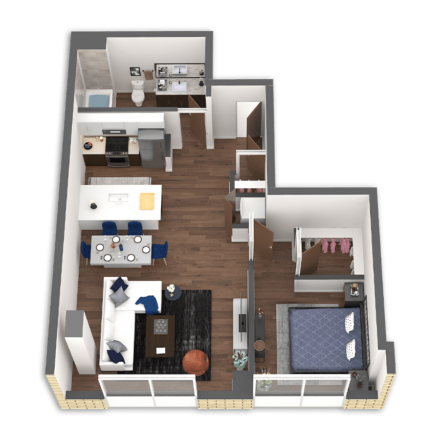 Rendering of the Coos Platinum floor plan with 1 bedroom[s] and 1 bathroom[s] at Griffis South Waterfront
