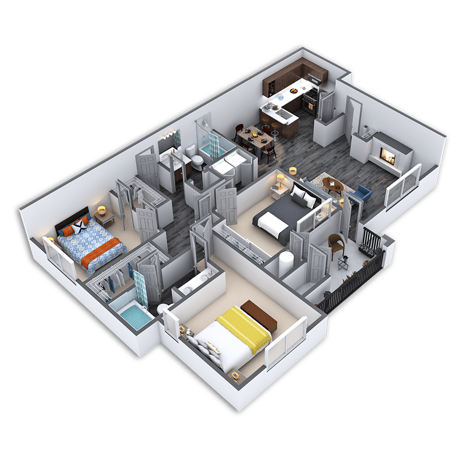 Rendering of the Perfection floor plan with 3 bedroom[s] and 2 bathroom[s] at Griffis Lakeline Station