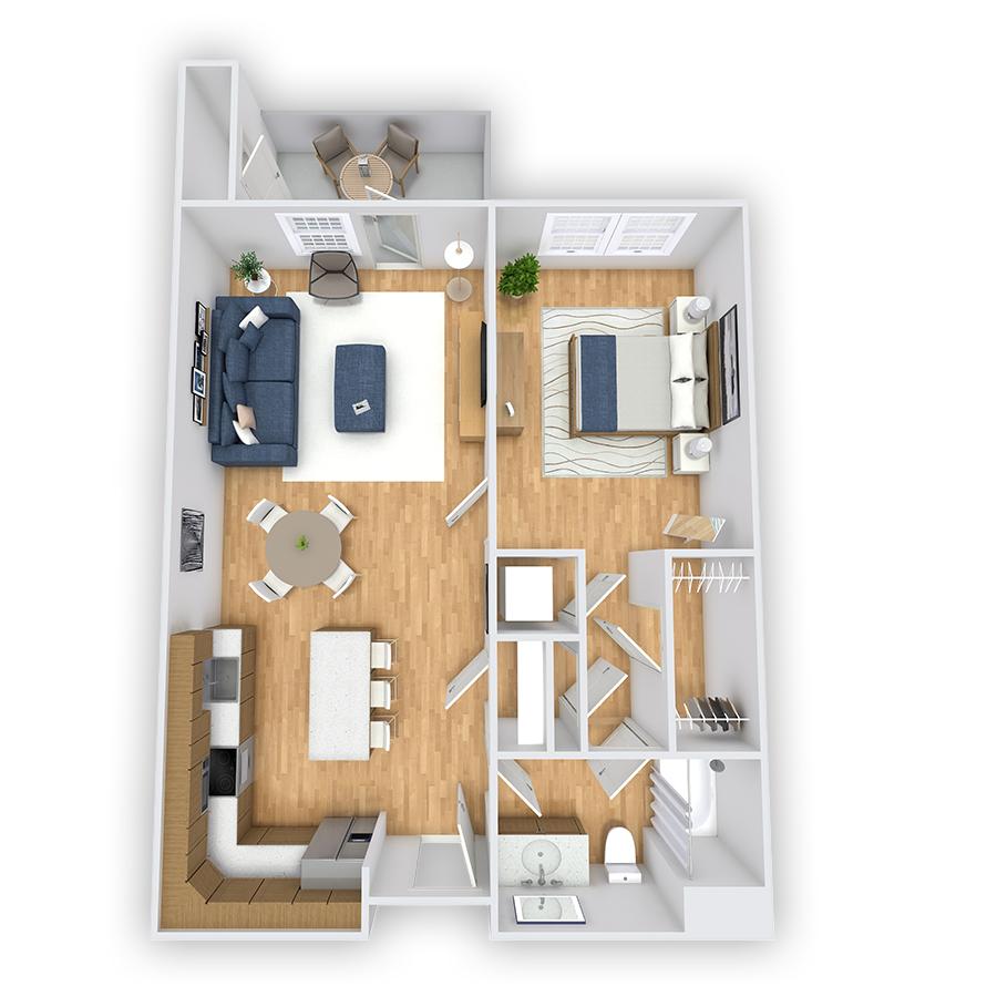 Rendering of the Commodore Platinum floor plan with 1 bedroom[s] and 1 bathroom[s] at Griffis South Bay
