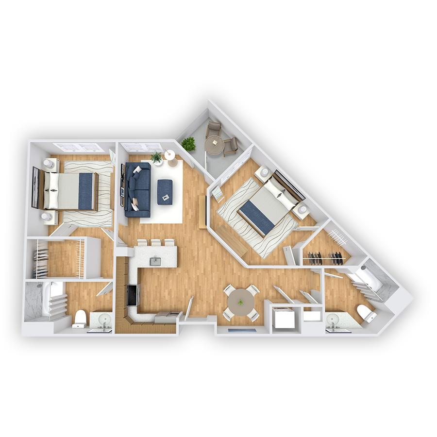 Rendering of the Northwood floor plan with 2 bedroom[s] and 2 bathroom[s] at Griffis South Bay
