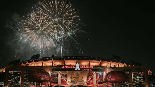 Fireworks over Angel Stadium of Anaheim at night.