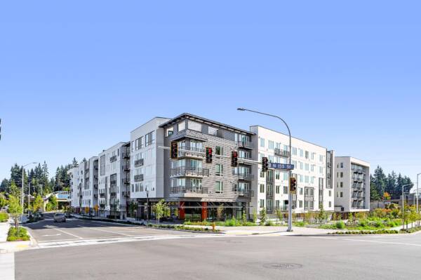 Griffis Shoreline apartment building exterior with landscaping in Shoreline, Washington.