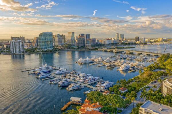 Aerial view of West Palm Beach marina at sunset.