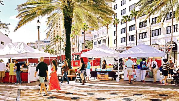 Open air market on Clematis Street in West Palm Beach, Florida.