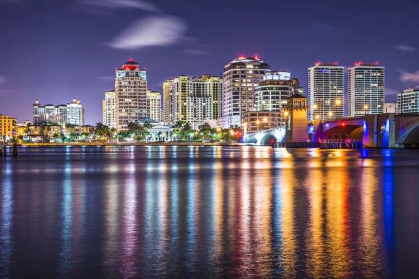 West Palm Beach shoreline at night time.