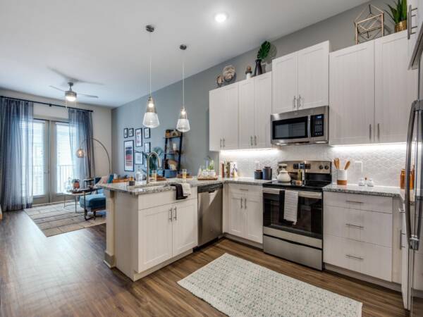 Apartment Kitchen with Stainless Steel Appliances and Wood-Style Flooring