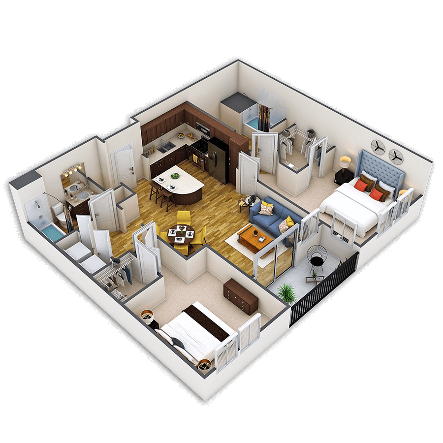 Rendering of the Glenarm floor plan with 2 bedroom[s] and 2 bathroom[s] at Griffis Union Station