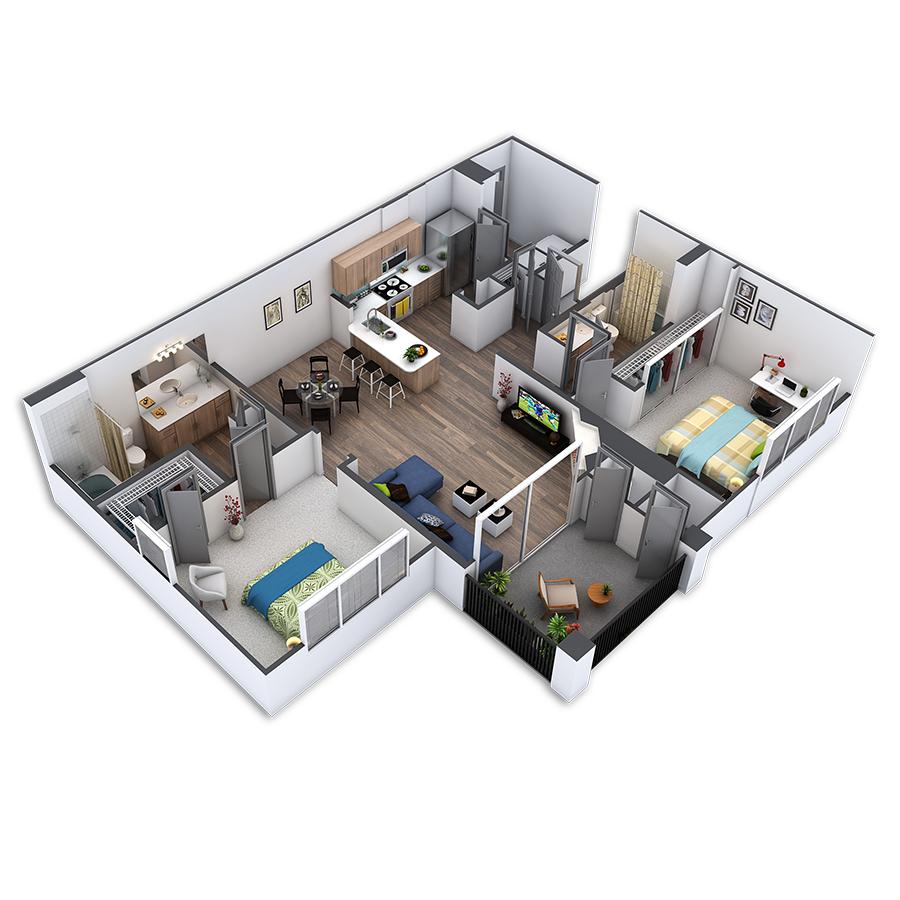 Rendering of the Metro floor plan with 2 bedroom[s] and 2 bathroom[s] at Griffis Belleview Station