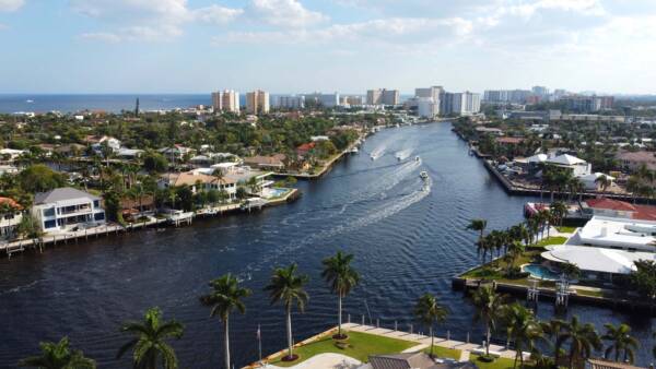 Boats in the canal in Pompano Beach, Florida.