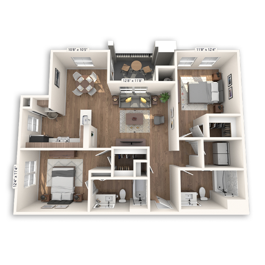 Rendering of the Ocean floor plan with 2 bedroom[s] and 2 bathroom[s] at Griffis Mission Valley