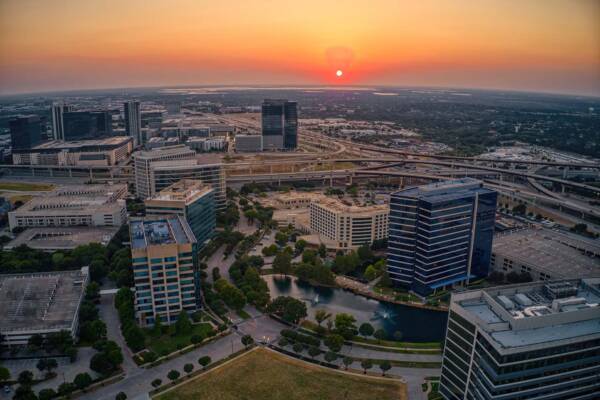 Dallas skyline at dusk near Griffis Frisco.