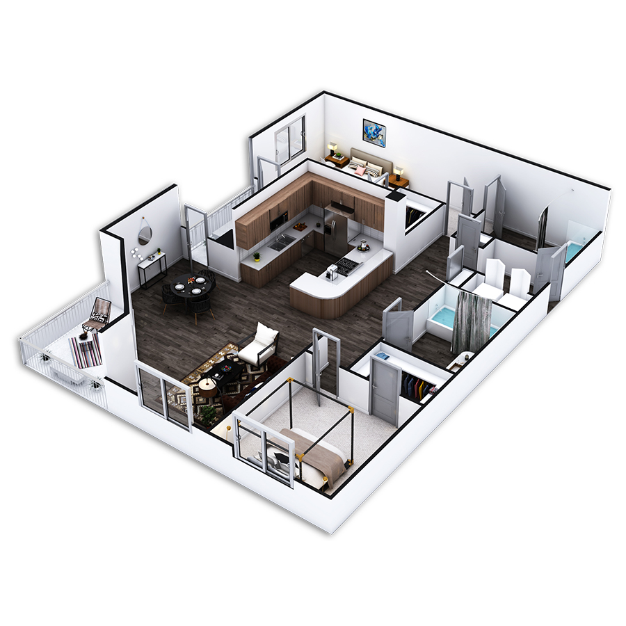 Rendering of the Queensway Platinum floor plan with 2 bedroom[s] and 2 bathroom[s] at Griffis Pine Avenue