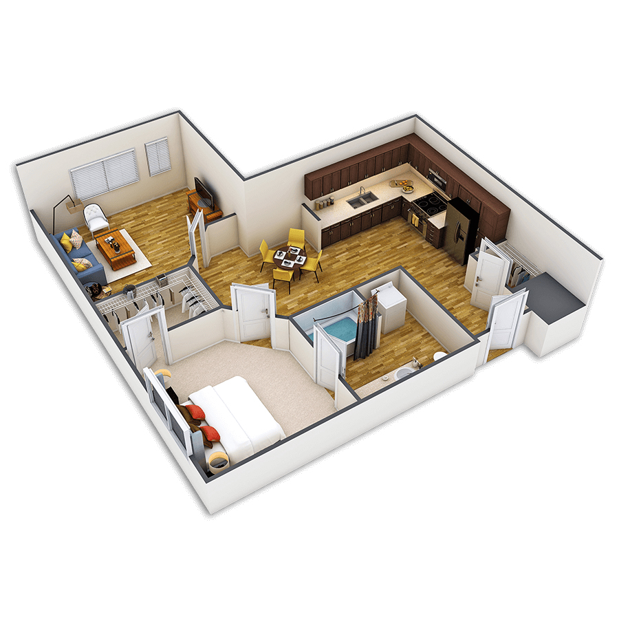 Rendering of the Stout floor plan with 1 bedroom[s] and 1 bathroom[s] at Griffis Union Station