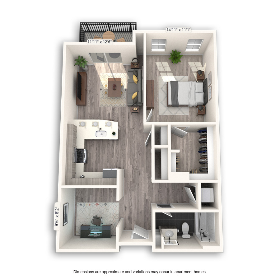 Rendering of the Curtis Platinum floor plan with 1 bedroom[s] and 1 bathroom[s] at Griffis Cheesman Park