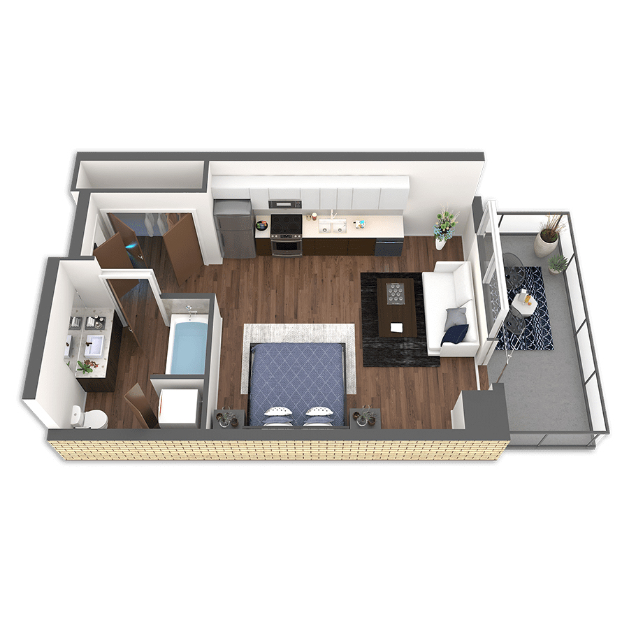 Rendering of the Columbia Platinum floor plan with a Studio bedroom and 1 bathroom[s] at Griffis South Waterfront